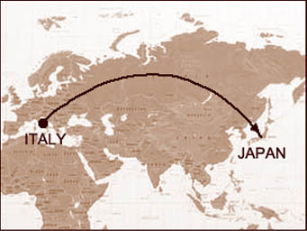 イタリアと日本の位置関係を表した地図