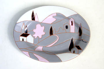 イタリア製ハンドペイントセラミック絵皿、楕円形